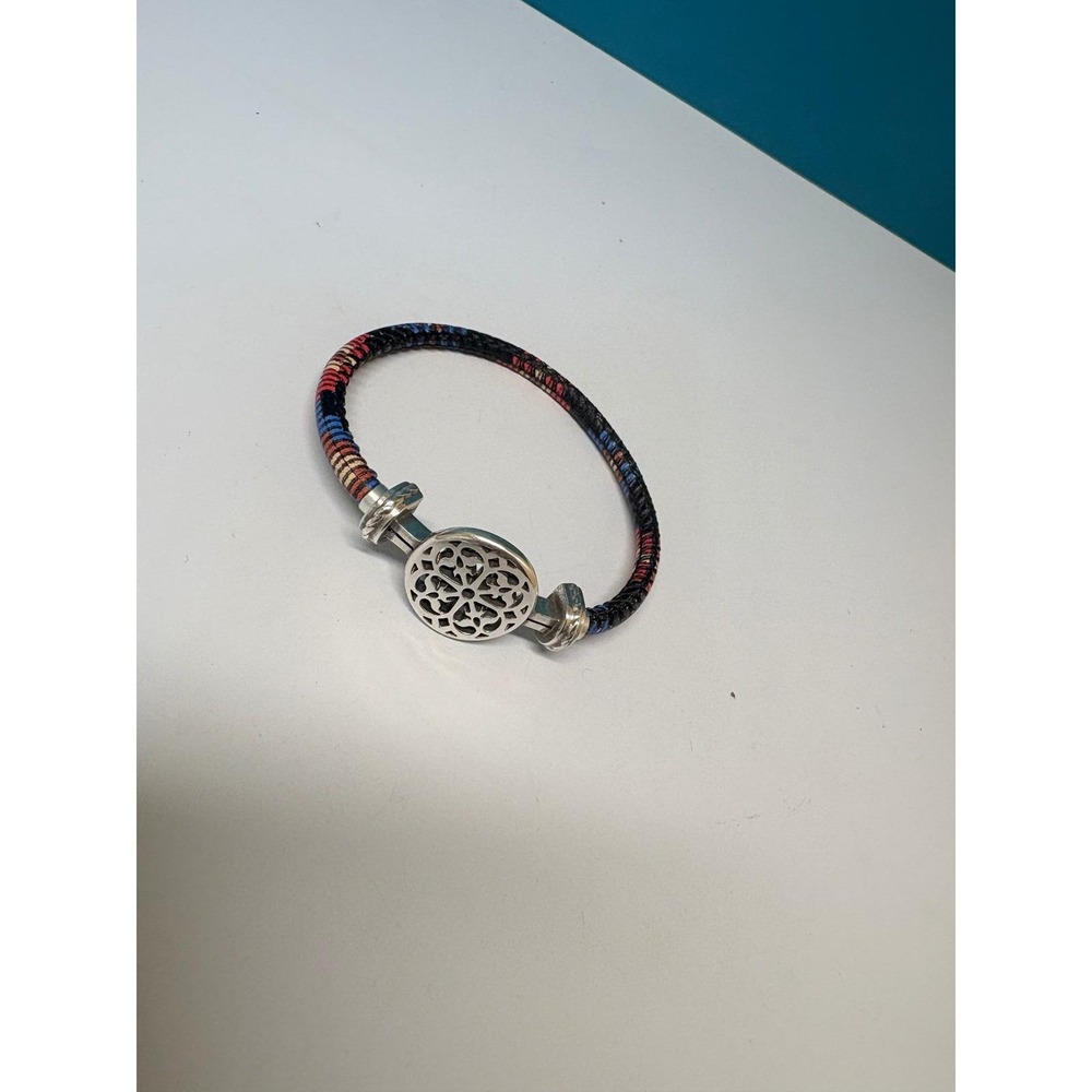 Multi Color Woven Leather Filigree Medallion Bracelet 6.75in
